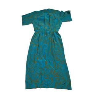 Cadaz Vintage 100% Silk Teal Tropical Leaf Print Midi Dress Size 8